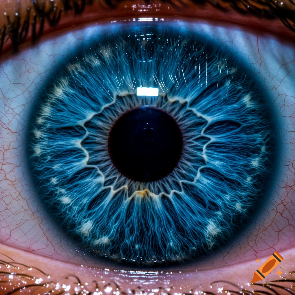 Close-up macro photo of a highly detailed blue human eye iris with a black pupil.