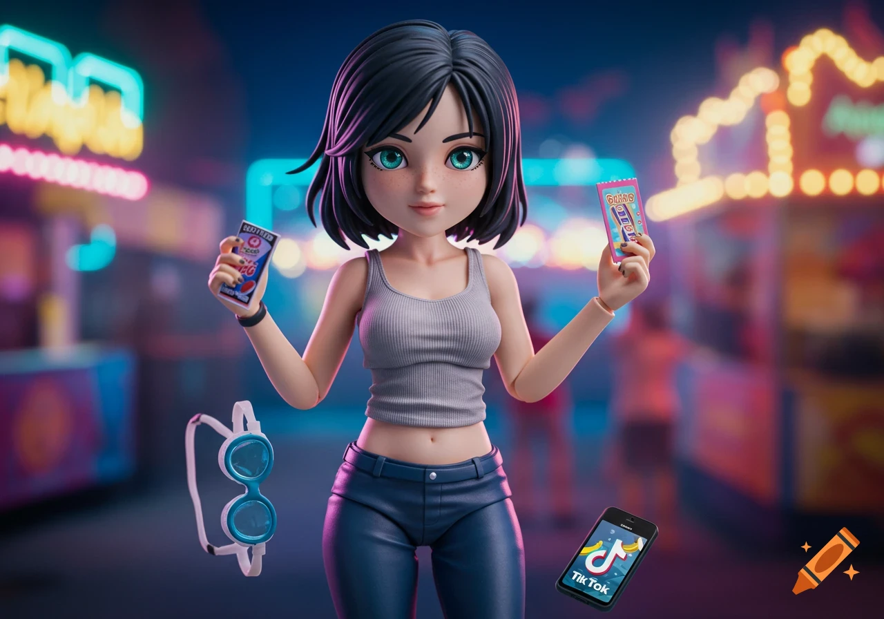 A stylized action figure of a girl with short dark hair and blue-green eyes, wearing a gray tank top and dark pants, holding two colorful tickets and surrounded by amusement park lights, with goggles and a phone with the TikTok app floating nearby.