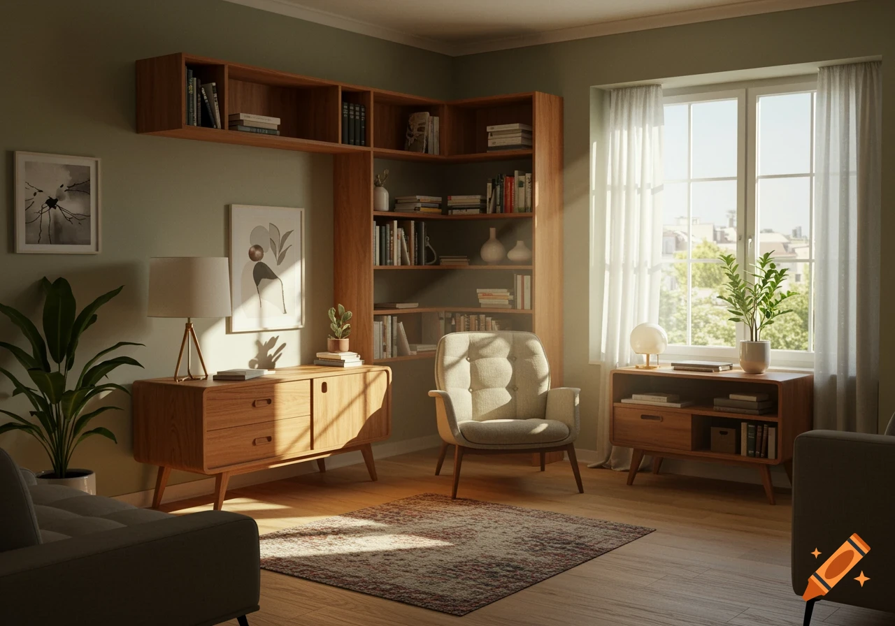 A cozy, sunlit living room with a corner wooden bookshelf, a beige armchair, and a patterned rug, featuring modern decor and natural light.