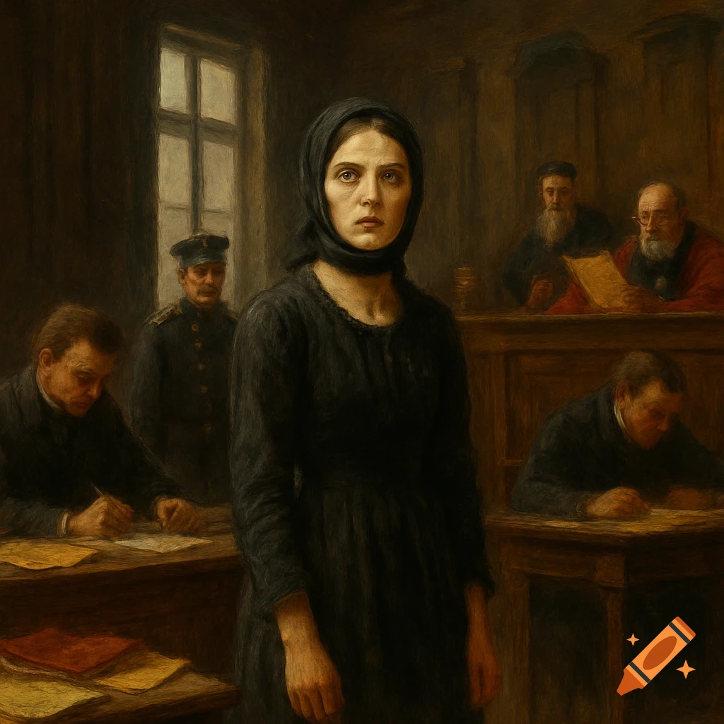 A woman in a black dress and headscarf stands in a somber courtroom, surrounded by men in historical attire. Painted in a dark, classical style.