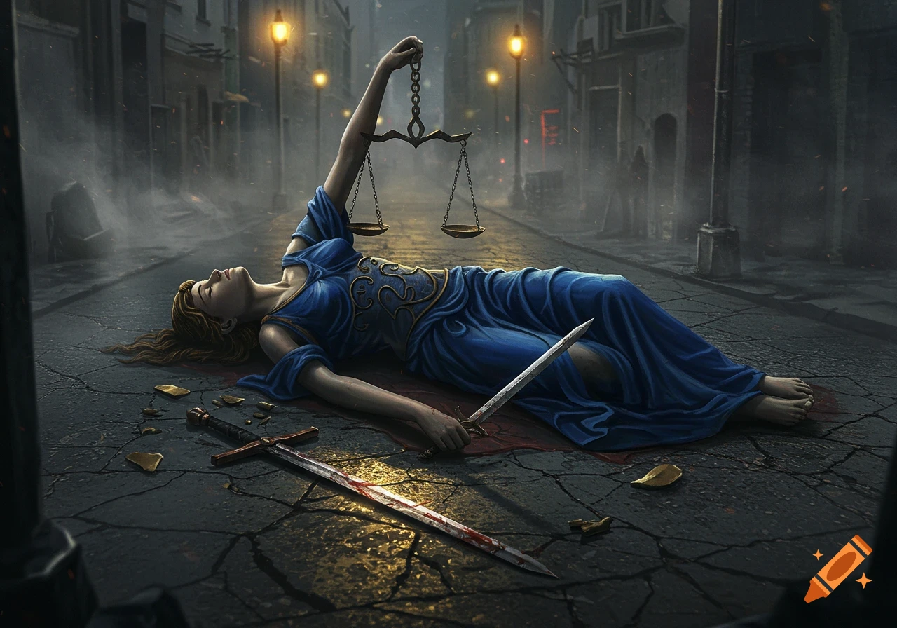 Lady Justice in a blue gown lies dead on a dark, cracked street, holding scales as a bloody sword rests nearby. Illustrated fantasy art.