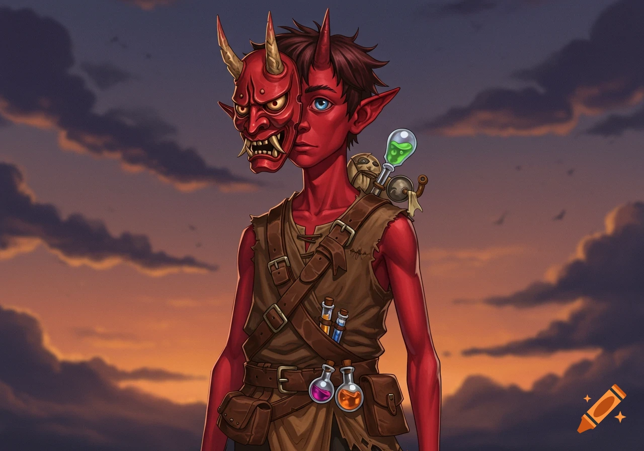 A red-skinned oni-born character with a split face of a demon mask and a human face, wearing adventurer's gear and alchemy vials against a sunset sky.