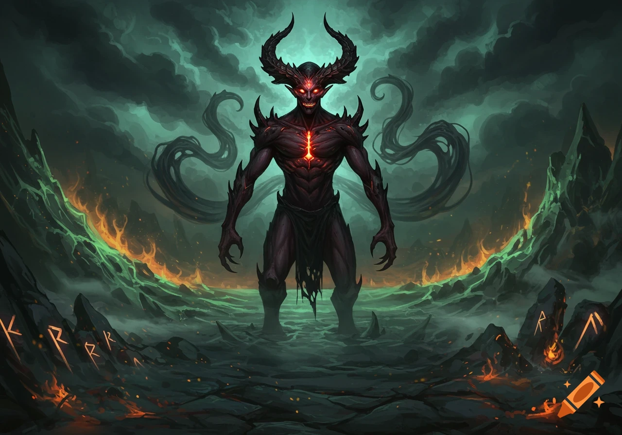 A menacing horned demon with glowing red eyes and chest stands in a dark, desolate, fiery fantasy landscape with mysterious runes.