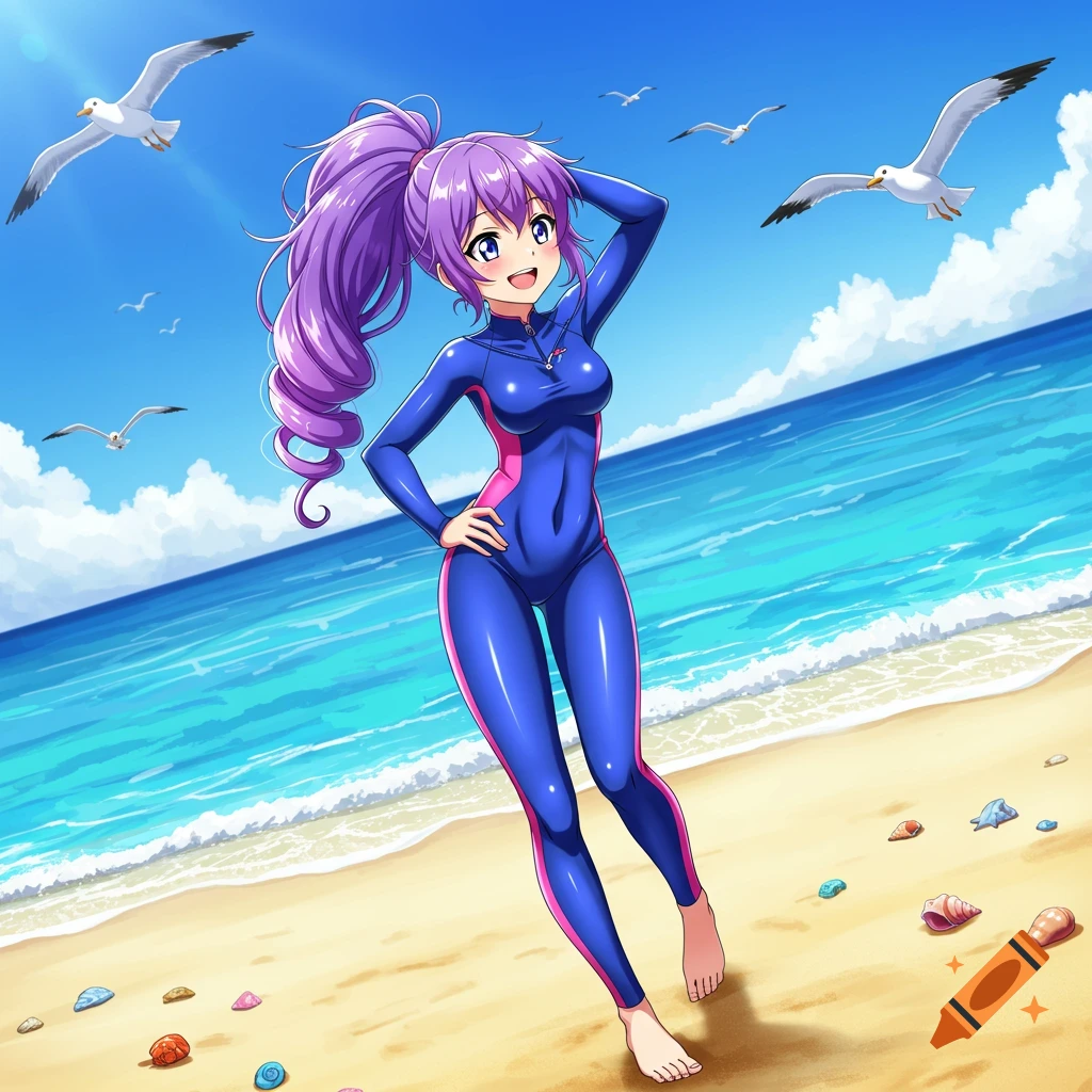 Anime girl with purple hair in a blue wetsuit on a sunny beach with seagulls and seashells.