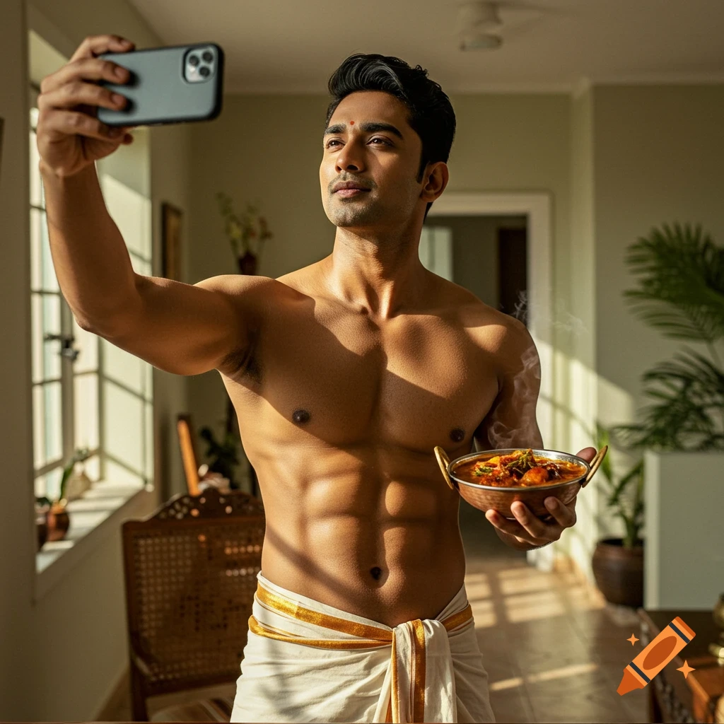 A shirtless Indian man in a dhoti taking a selfie while holding a steaming bowl of curry in a sunlit room.