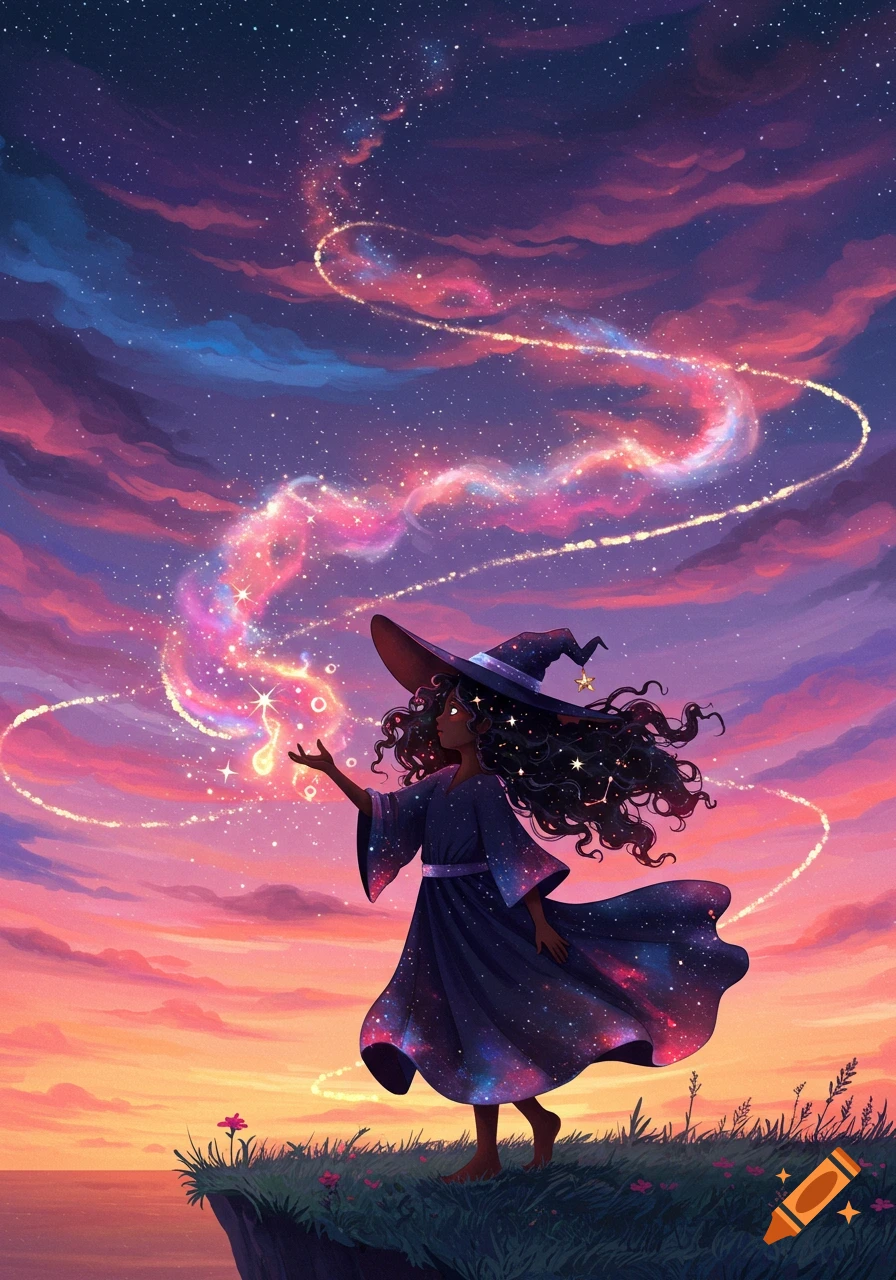A Black witch with starry hair and a cosmic dress stands on a cliff at sunset, conjuring a sparkling magic trail across the colorful sky.