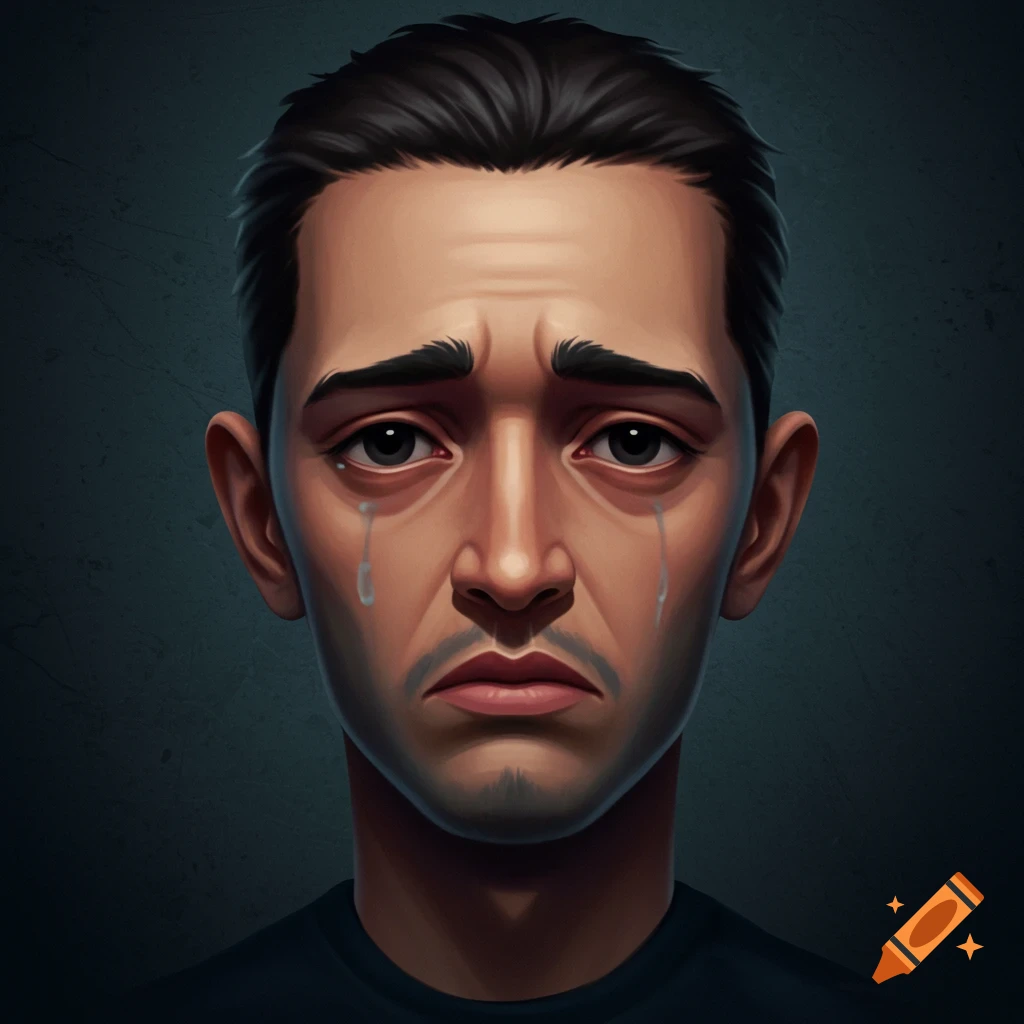A stylized illustration of a crying man with a mustache and dark hair, against a dark background.