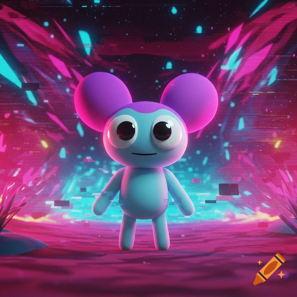 A cute light blue cartoon character with large purple ears stands in a neon pink and blue glitch art landscape.