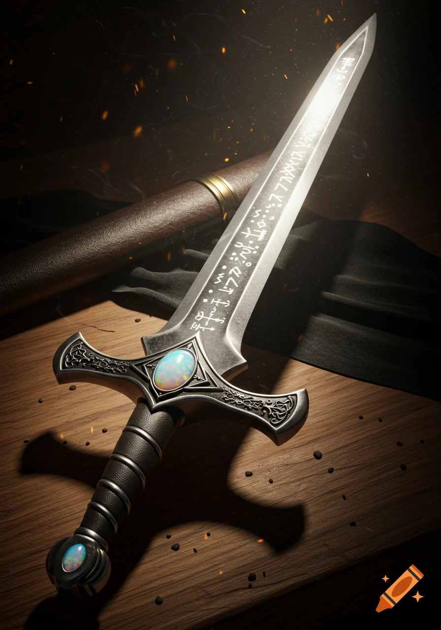 A detailed, close-up shot of a stylized sword featuring a decorative hilt with an opal-like gem, runes on its blade, resting on a wooden table next to a scabbard.