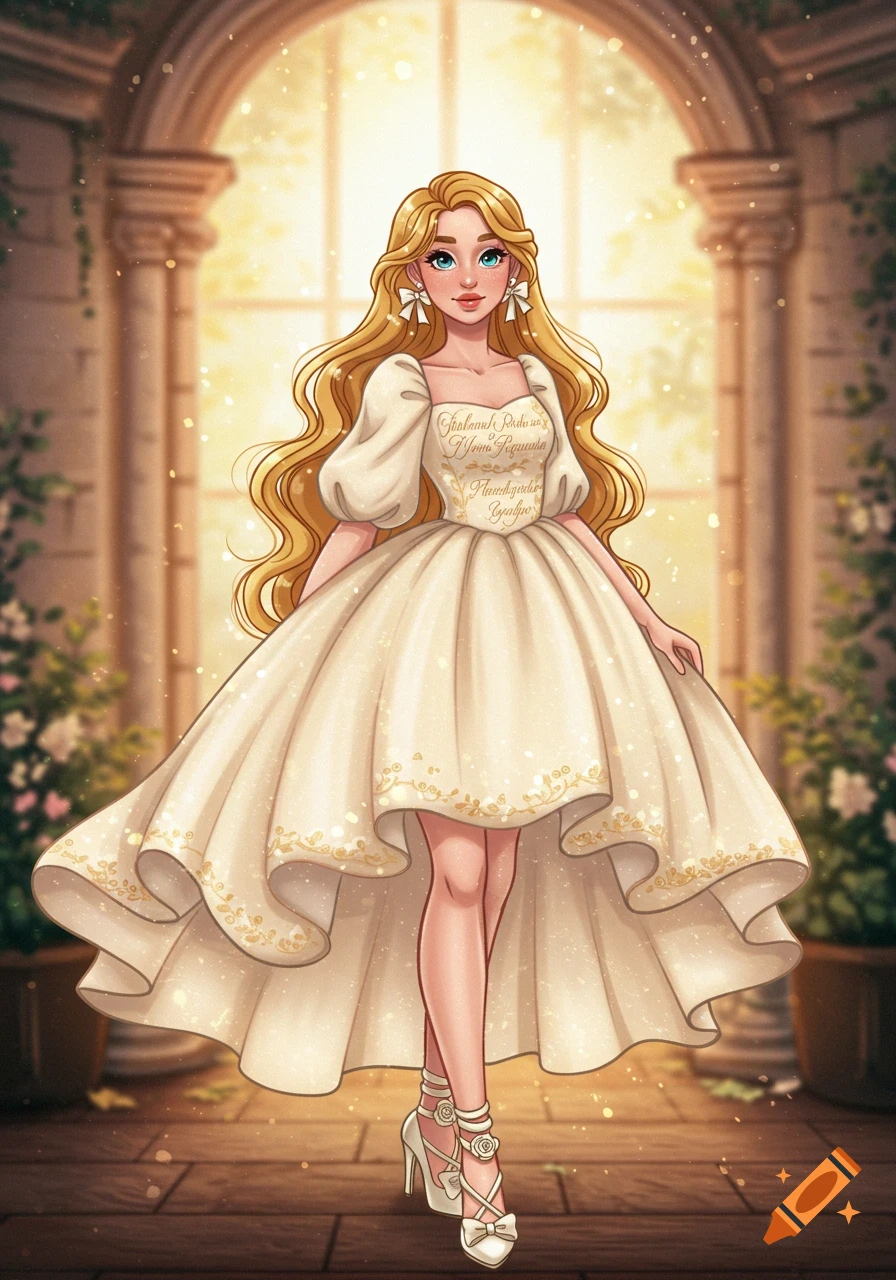 A cartoon woman with long blonde hair in a cream-colored princess dress and white heels stands in a sunlit archway.