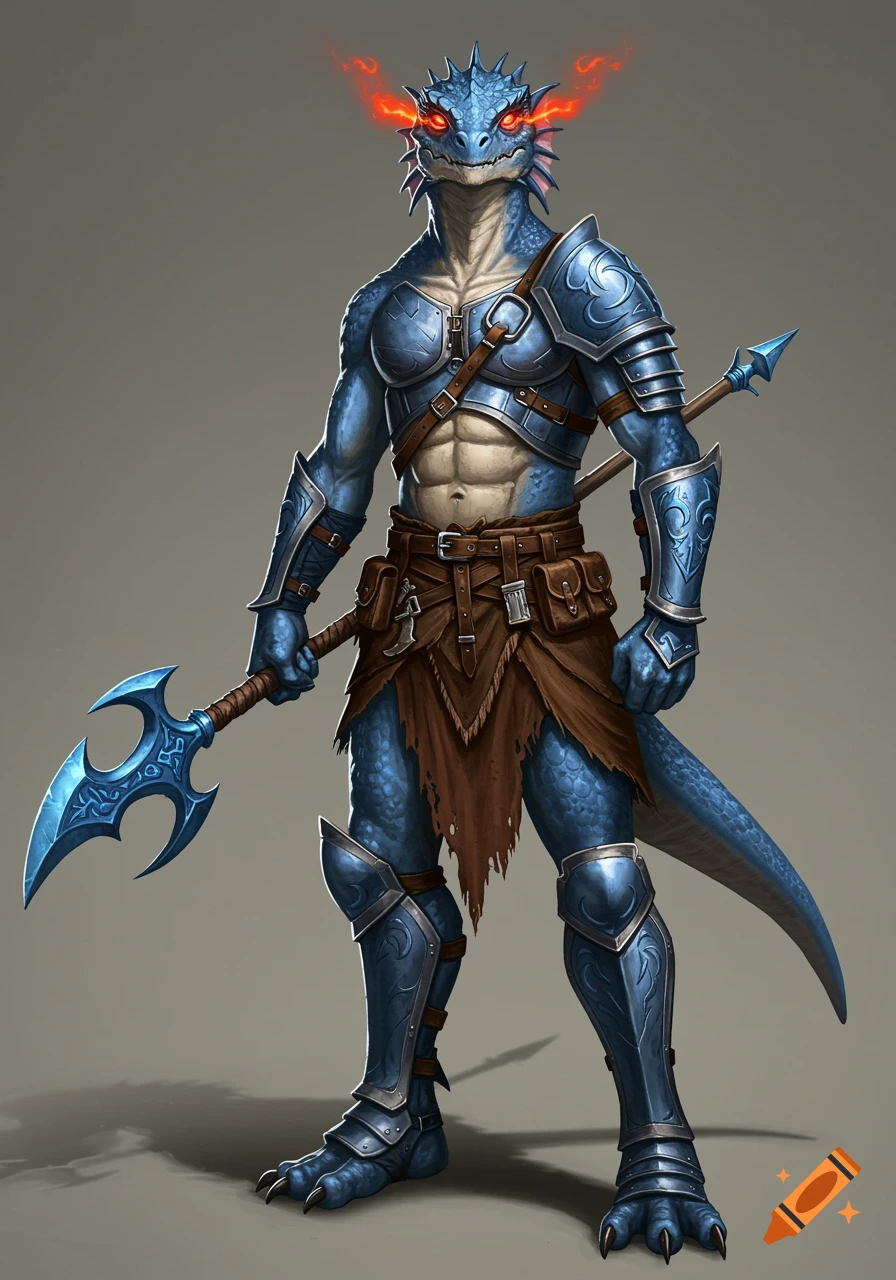 A blue-scaled reptilian warrior with glowing red eyes, wearing blue metal armor and a brown loincloth, holding a stylized blue spear.