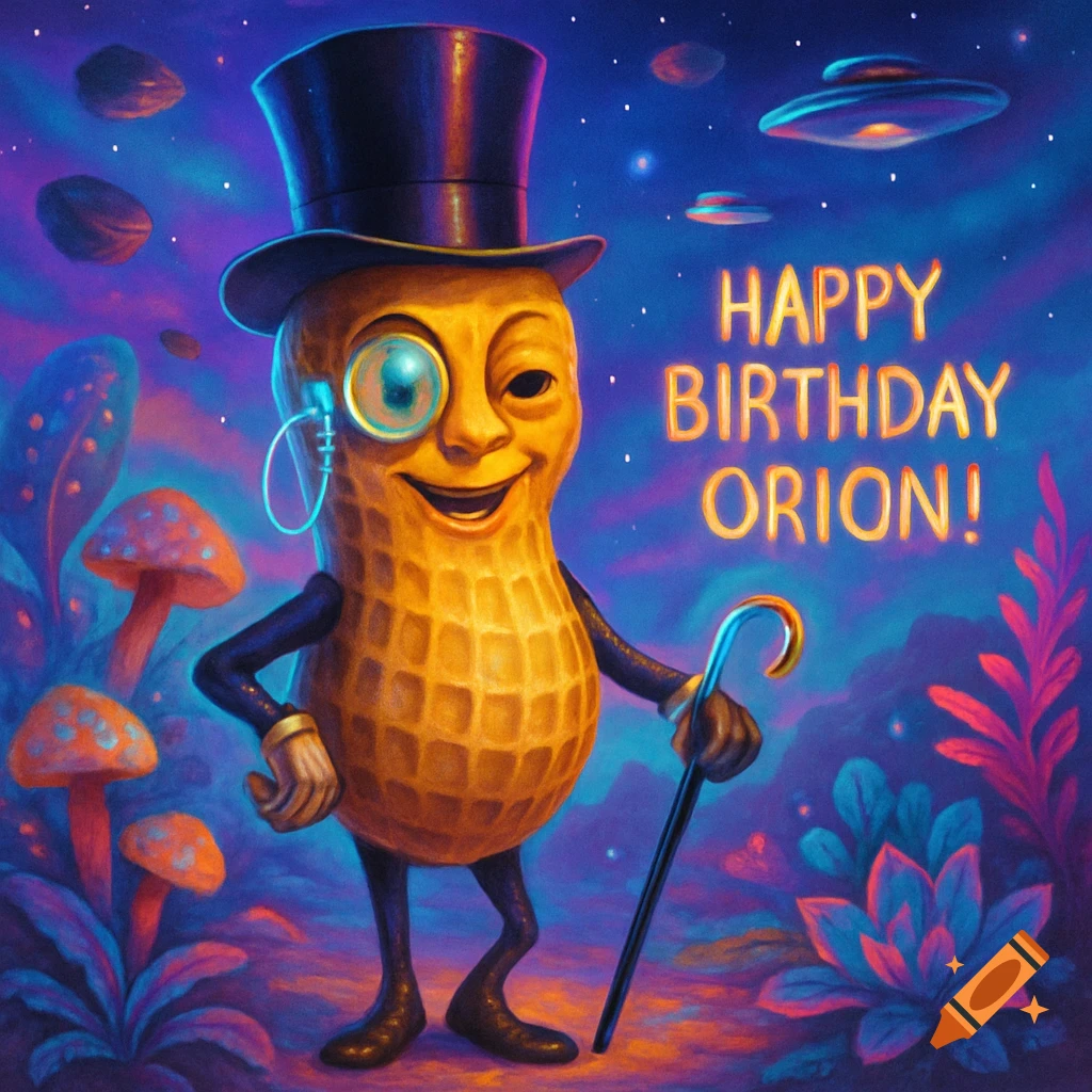 A whimsical peanut-shaped alien character with a top hat, monocle, and cane, wishes 'HAPPY BIRTHDAY ORION!' in a vibrant, surreal sci-fi landscape with floating rocks and UFOs.