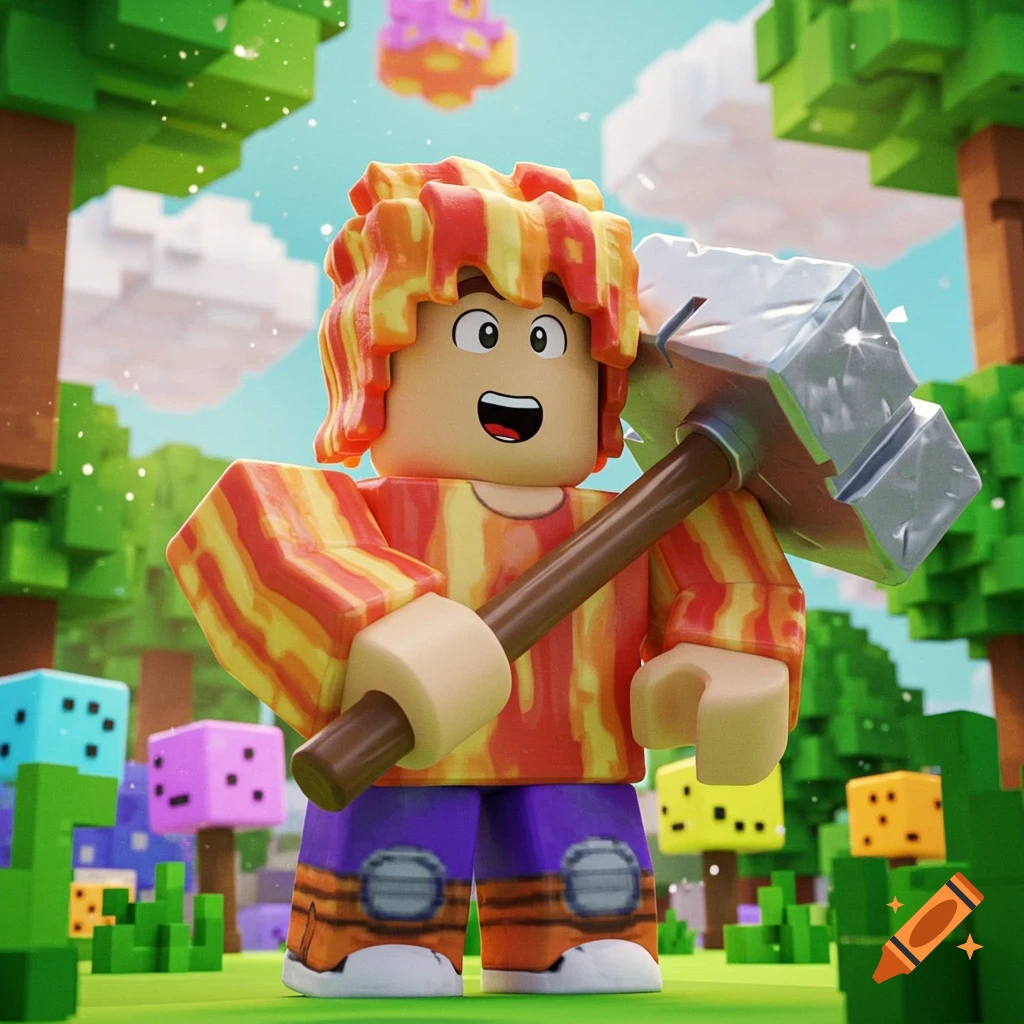 A Roblox character with orange-red wavy hair holding a large hammer in a vibrant, blocky game world.