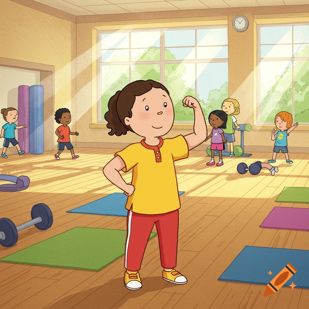 A cartoon girl flexing her arm in a sunny gym with other children and fitness equipment in kids book illustration style.