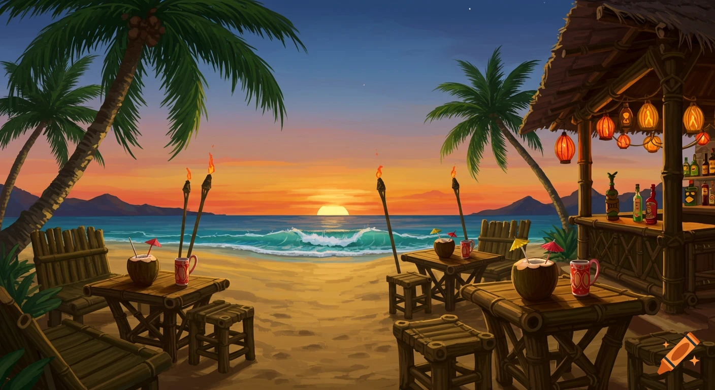 A vibrant tropical beach scene at sunset with a tiki bar, palm trees, and tables with drinks.