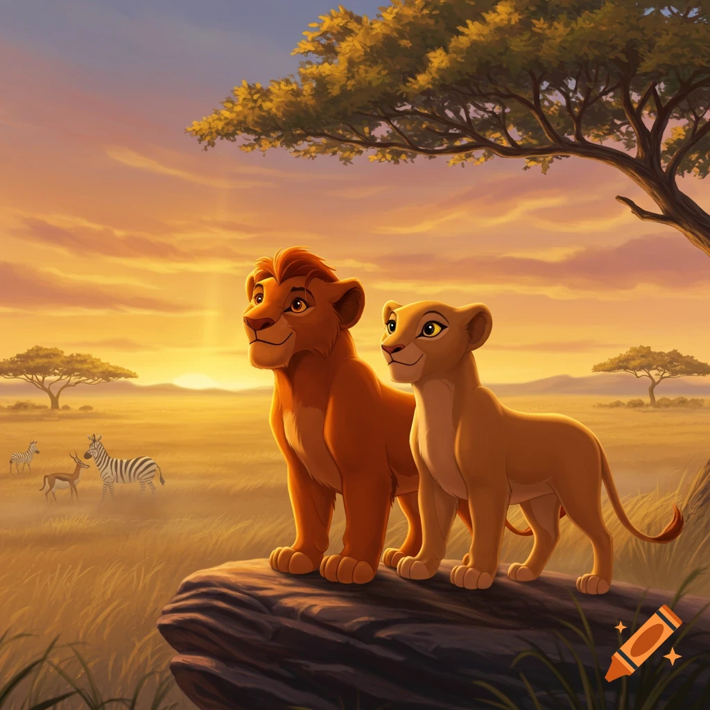 Two young animated lions, a male and female, stand on a rock in a golden savanna at sunset.
