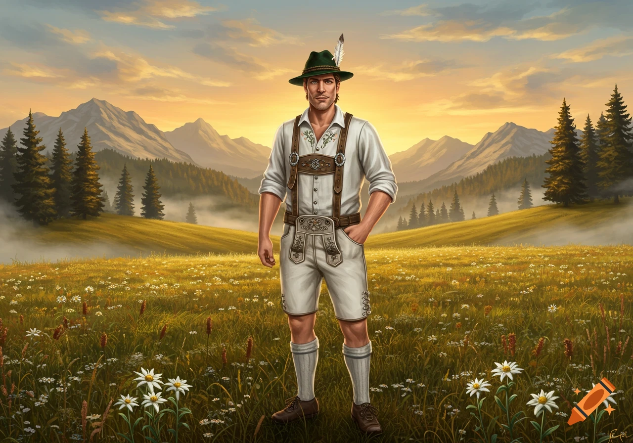 A man in traditional German lederhosen and a hat stands in a flower-filled mountain meadow at sunset.
