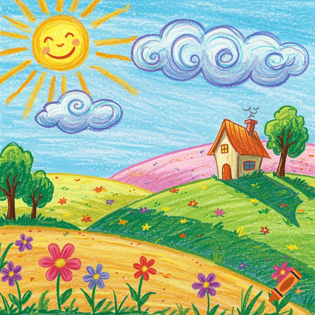 A vibrant crayon drawing of a sunny landscape with rolling hills, a small house, trees, and colorful flowers under a smiling sun.