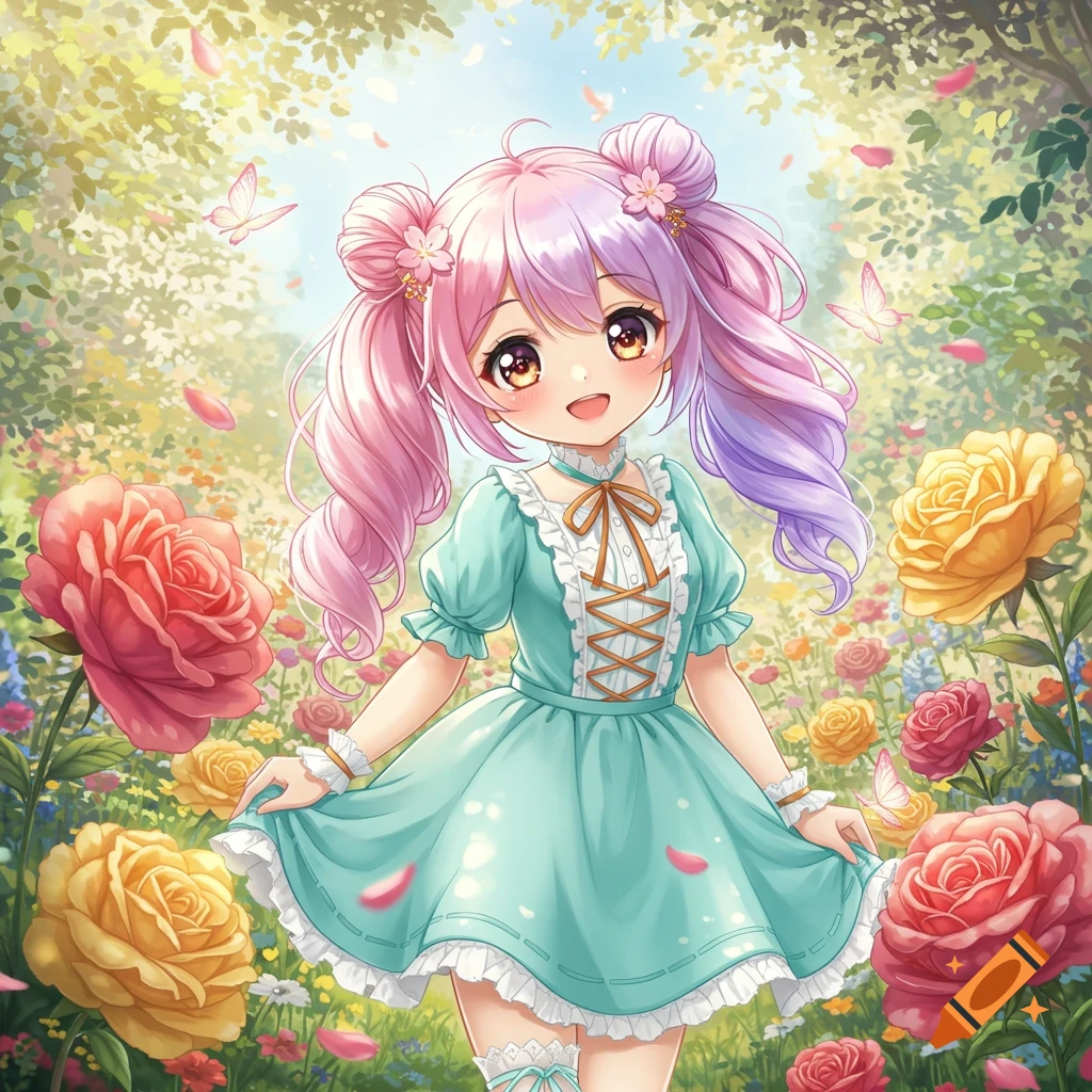 Cute anime girl with pink and purple hair in a light blue dress, standing in a vibrant field of colorful roses and flowers.