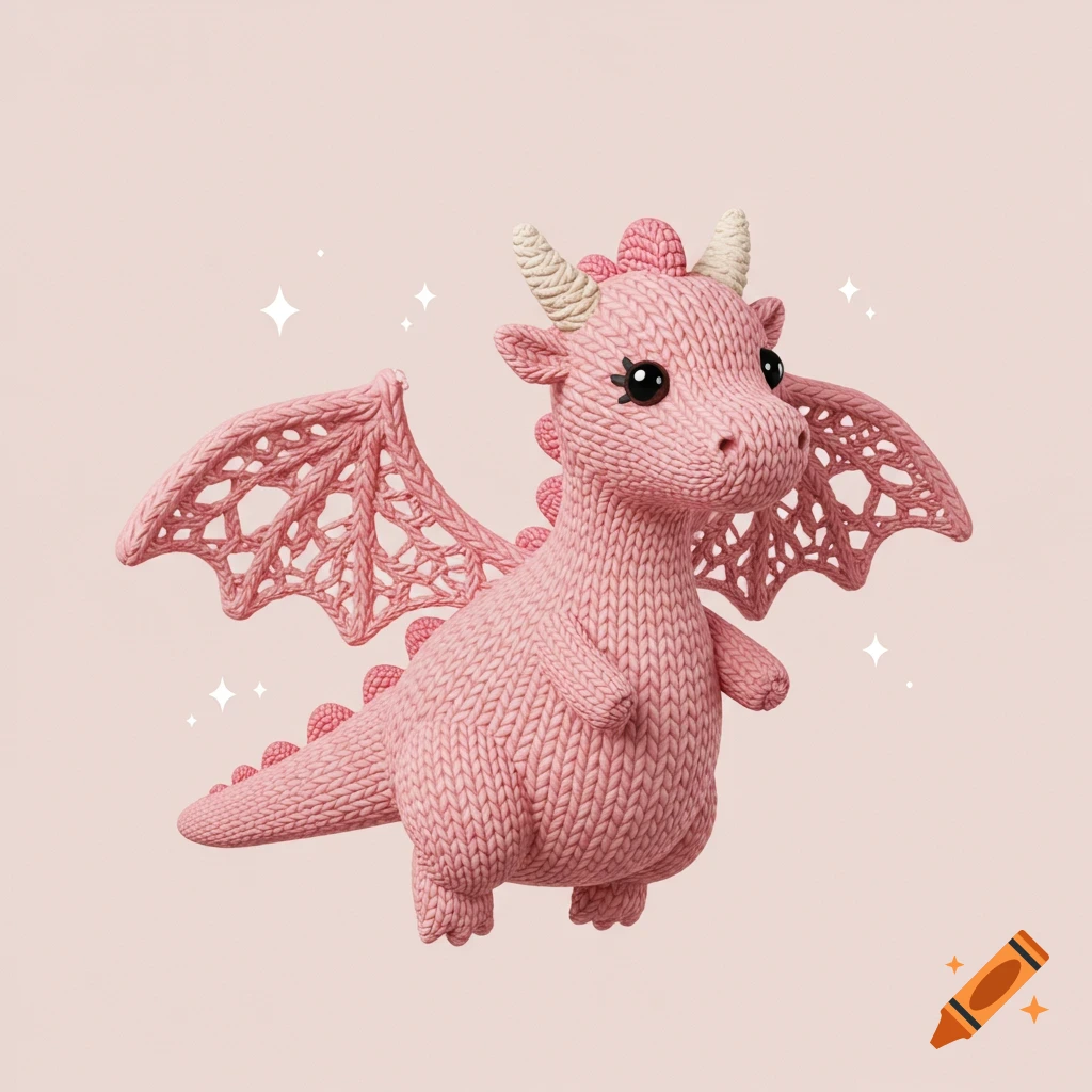 A cute pink knitted dragon floats against a light pink background with white sparkles.