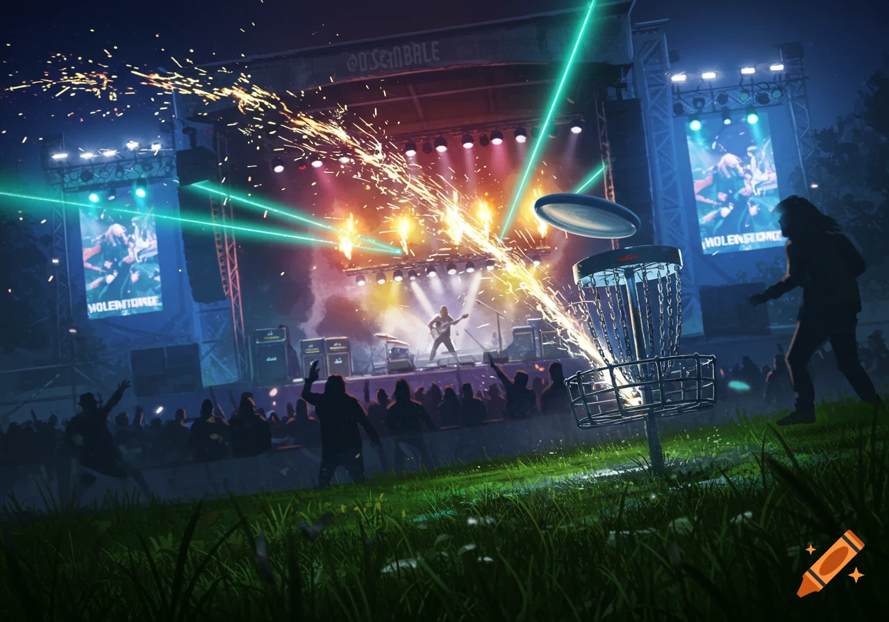 A night concert with a musician on stage, bright lights, and sparks. A disc golf basket and a flying disc are in the foreground, with a person preparing to throw.