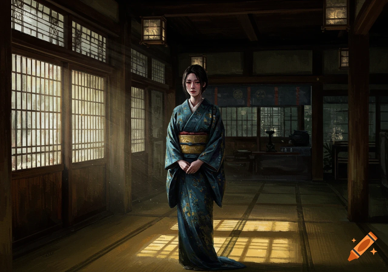 A sad woman in a traditional blue kimono stands inside a dimly lit Japanese temple, sunlight streaming through shoji screens.