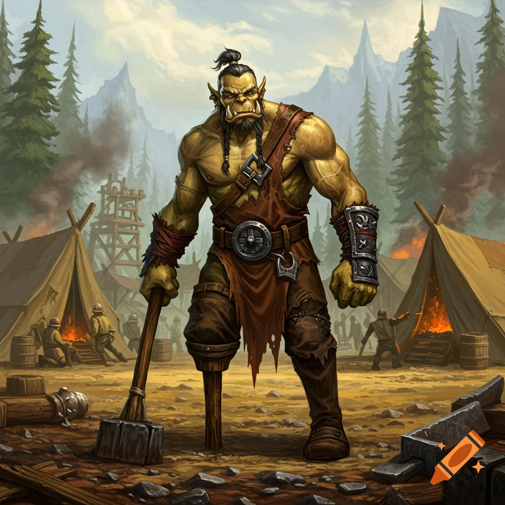 A muscular, green-skinned orc with a peg leg holds a hammer in a detailed fantasy camp scene with tents and fires.