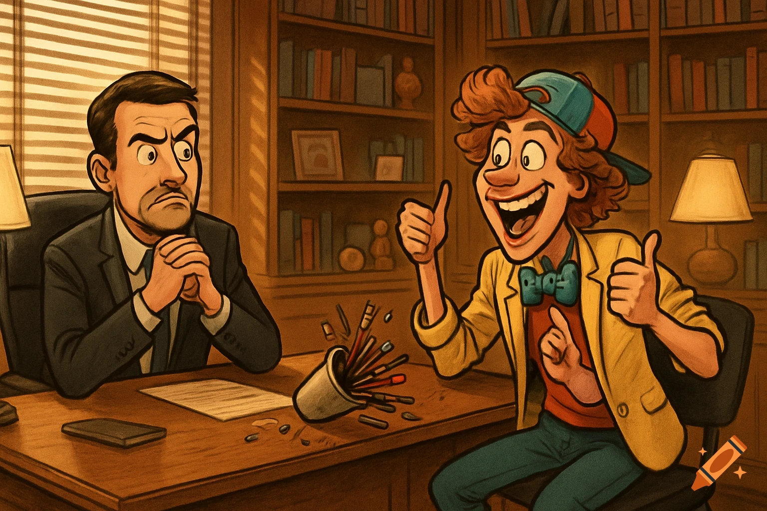 Cartoon illustration of a stern interviewer looking at an excited applicant who has just knocked over a cup of pens on a desk.