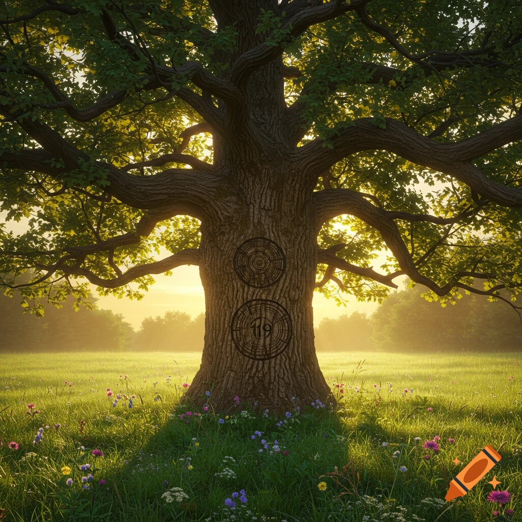 A large oak tree stands in a sunny field adorned with wildflowers, bathed in the warm glow of sunrise or sunset.