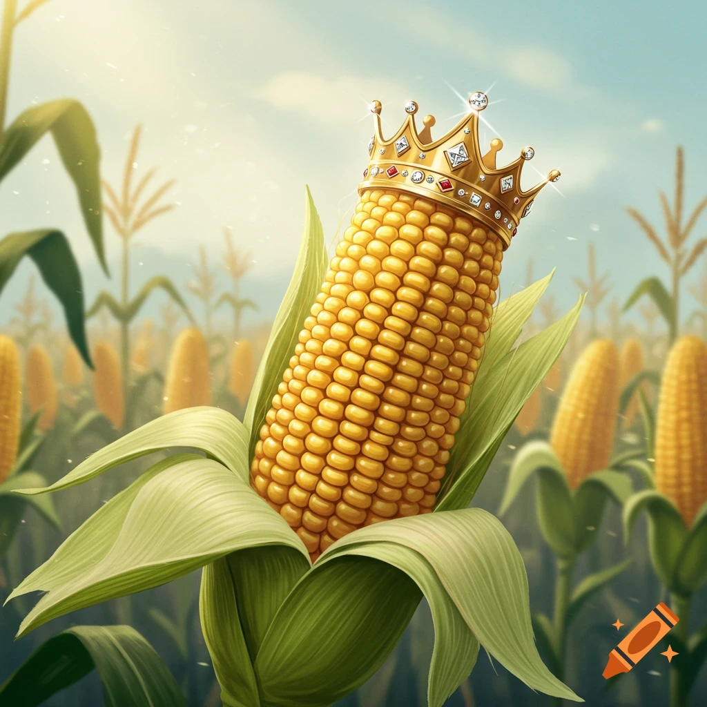 A photorealistic ear of corn wearing a golden jeweled crown stands in a sunny cornfield.