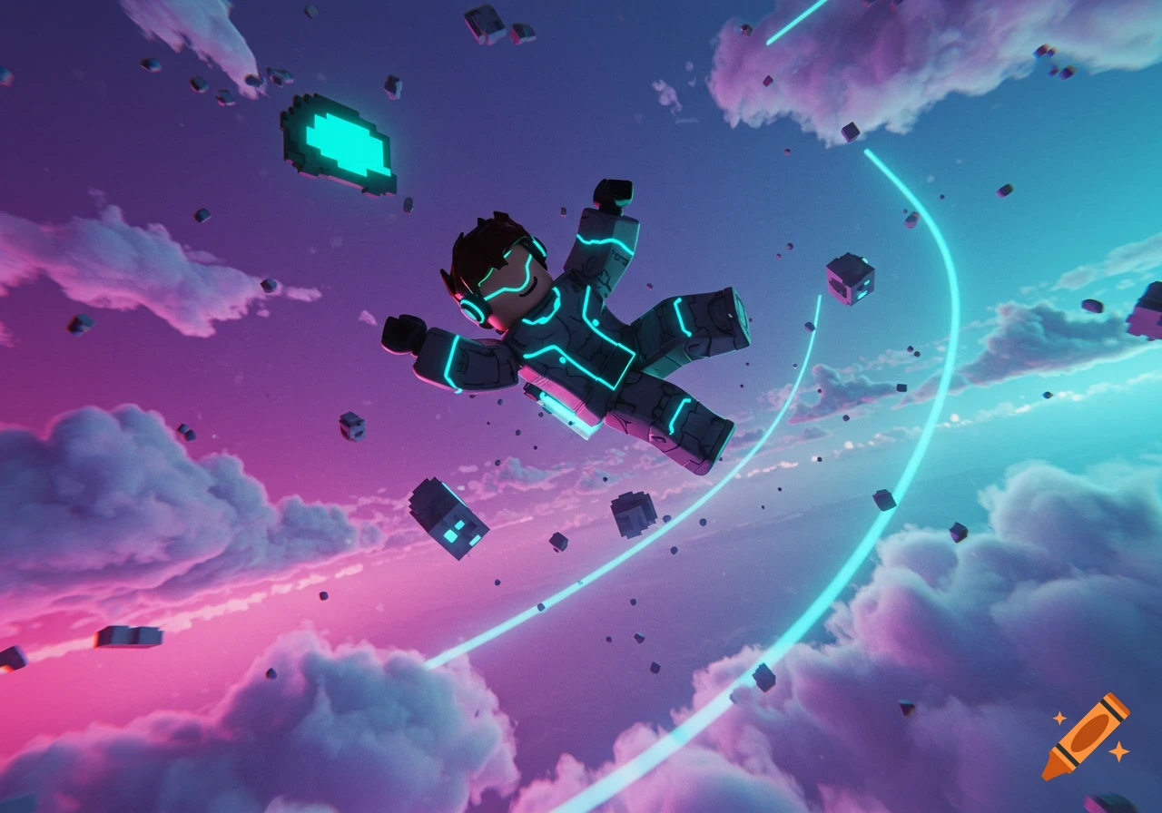 A blocky Roblox-style character with glowing neon lines falling through a vibrant purple and blue sky with clouds and scattered geometric debris.