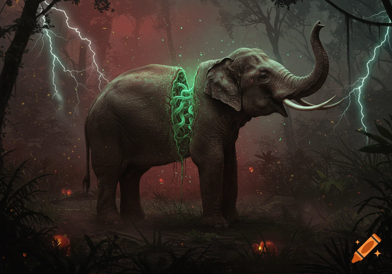 A surreal elephant with glowing green tentacles spilling from its side stands in a dark, storm-lit jungle.