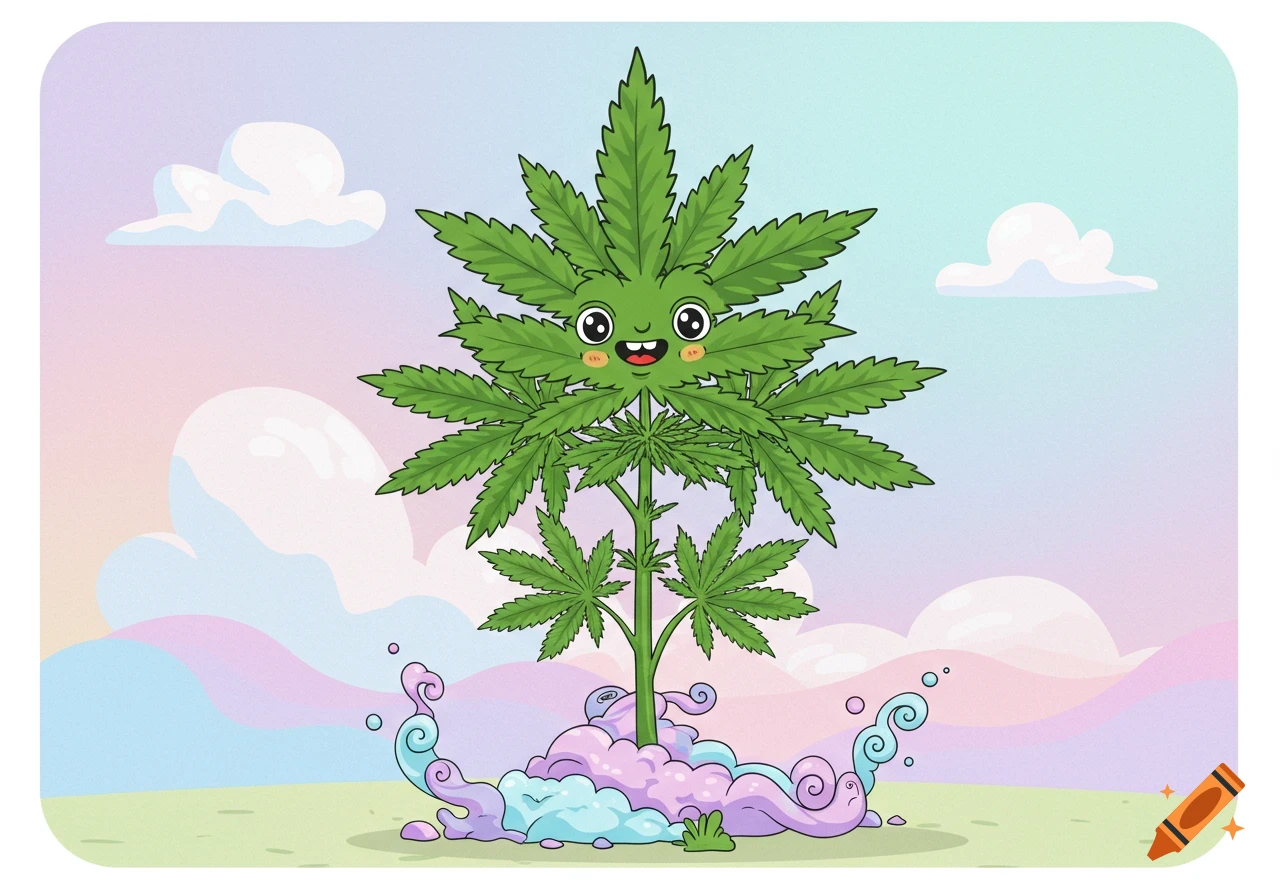 A cheerful cartoon cannabis plant with big eyes and a happy smile stands on green ground with pastel clouds and colorful smoke around its base.