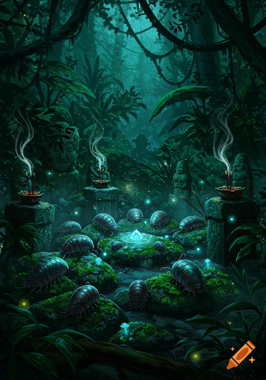 A dark, mystical jungle scene with ancient stone statues, glowing mushrooms, and large isopods gathered around a glowing blue crystal.