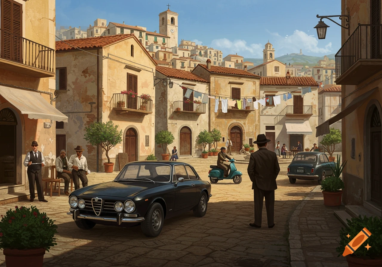 An illustrated scene of a bustling Italian town square with vintage cars, a scooter, people, and old buildings with laundry lines.