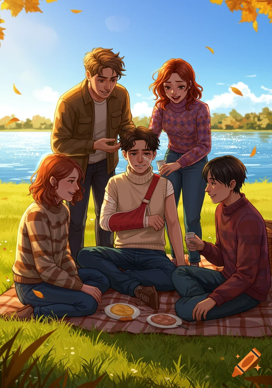 Five friends picnic by a lake in autumn, one with a bandaged arm, in an anime illustration style.