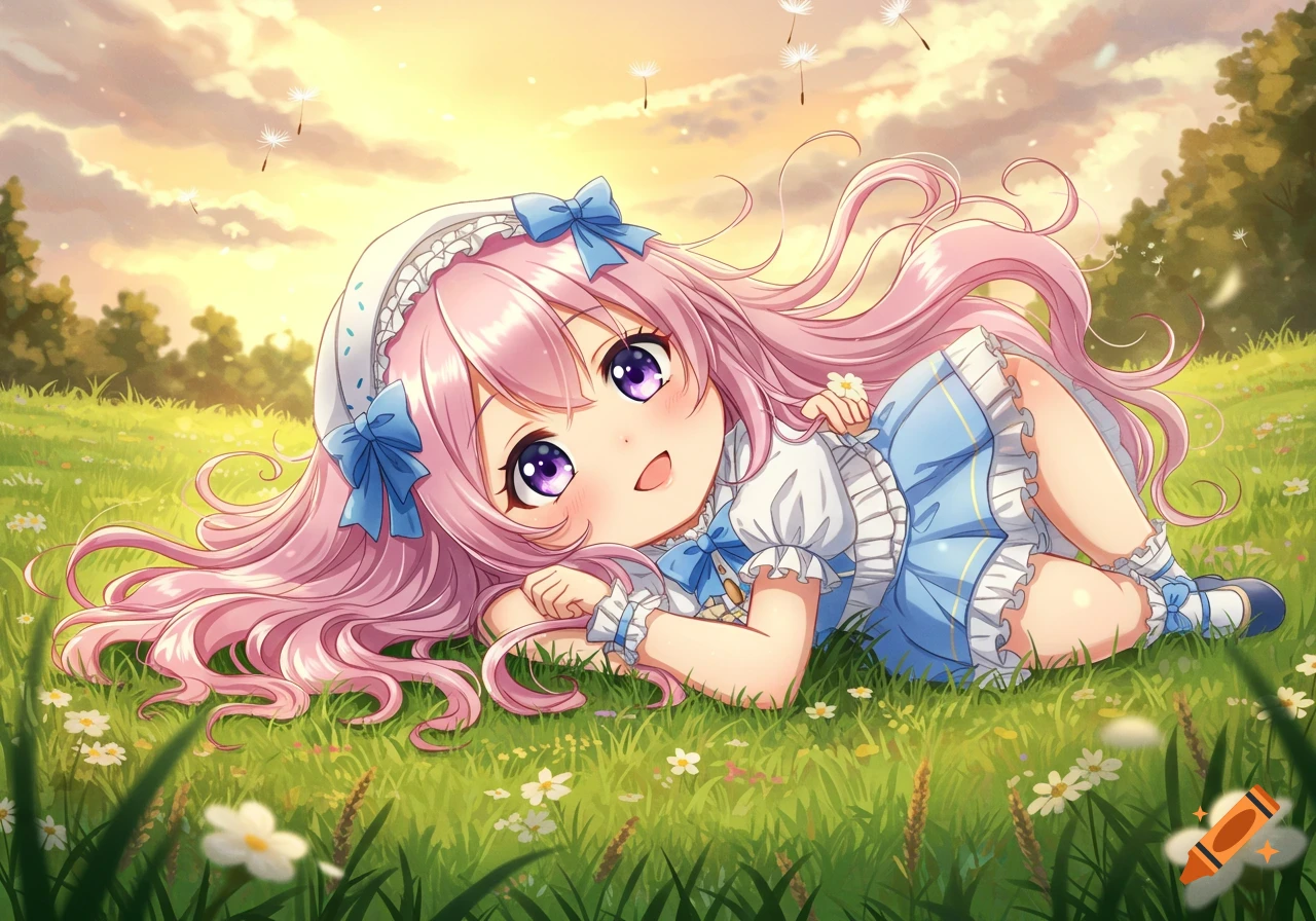 Cute anime girl with pink hair and purple eyes lying in a green field with white flowers under a golden sky.