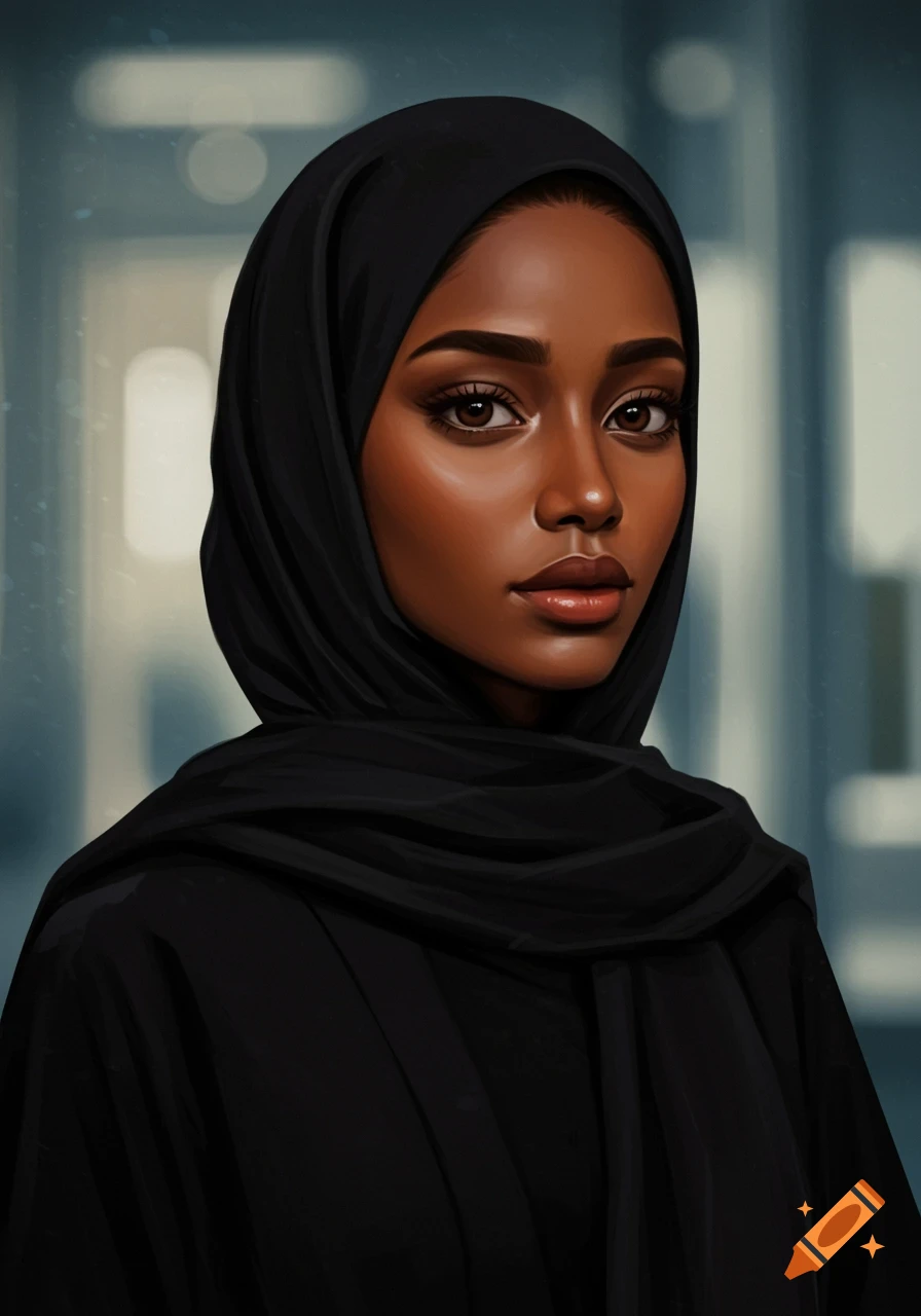 Close-up portrait of a dark-skinned woman wearing a black hijab, looking directly at the viewer.