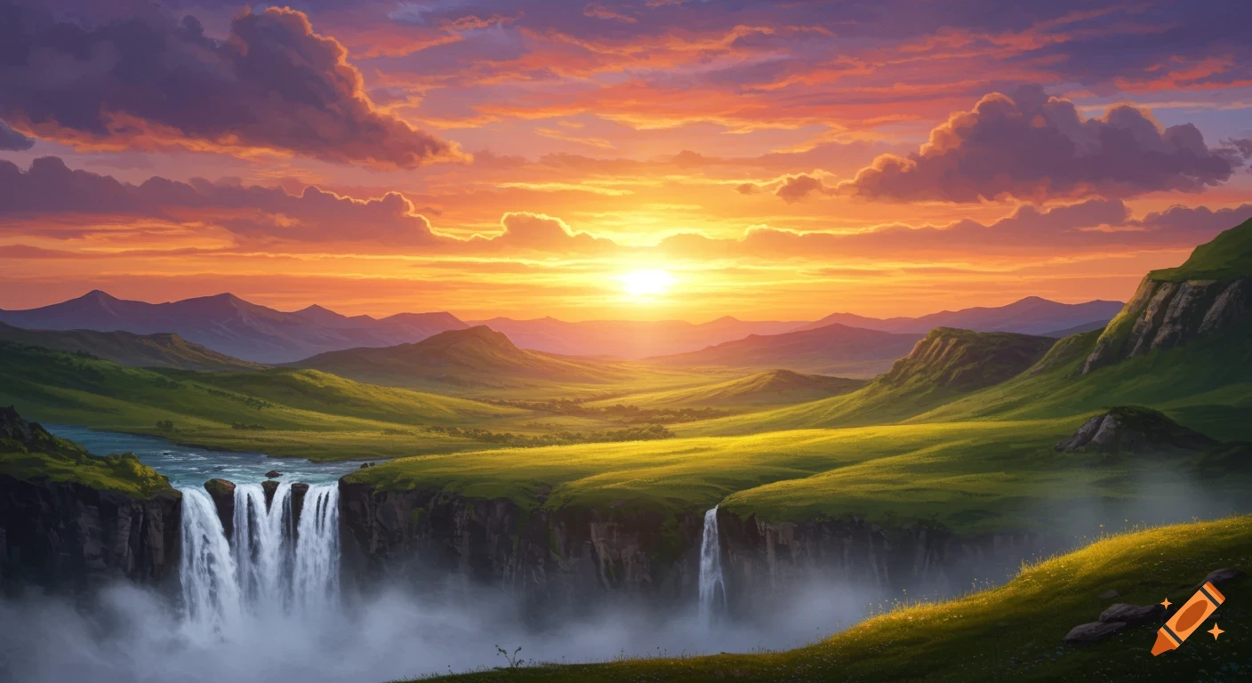 Vibrant sunset over rolling green hills with a large waterfall cascading into a misty chasm.