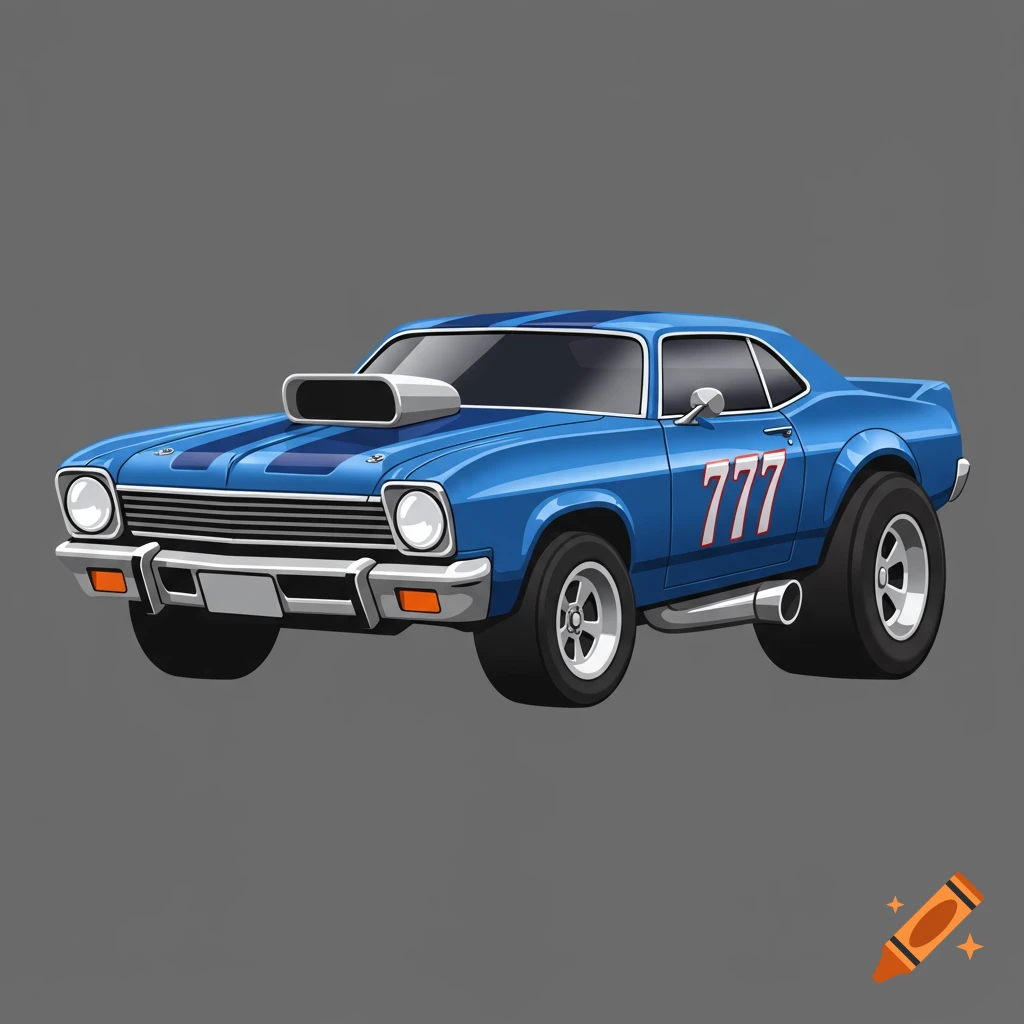 A blue cartoon muscle car with wide tires, a large engine scoop, and '777' on the side, against a gray background.