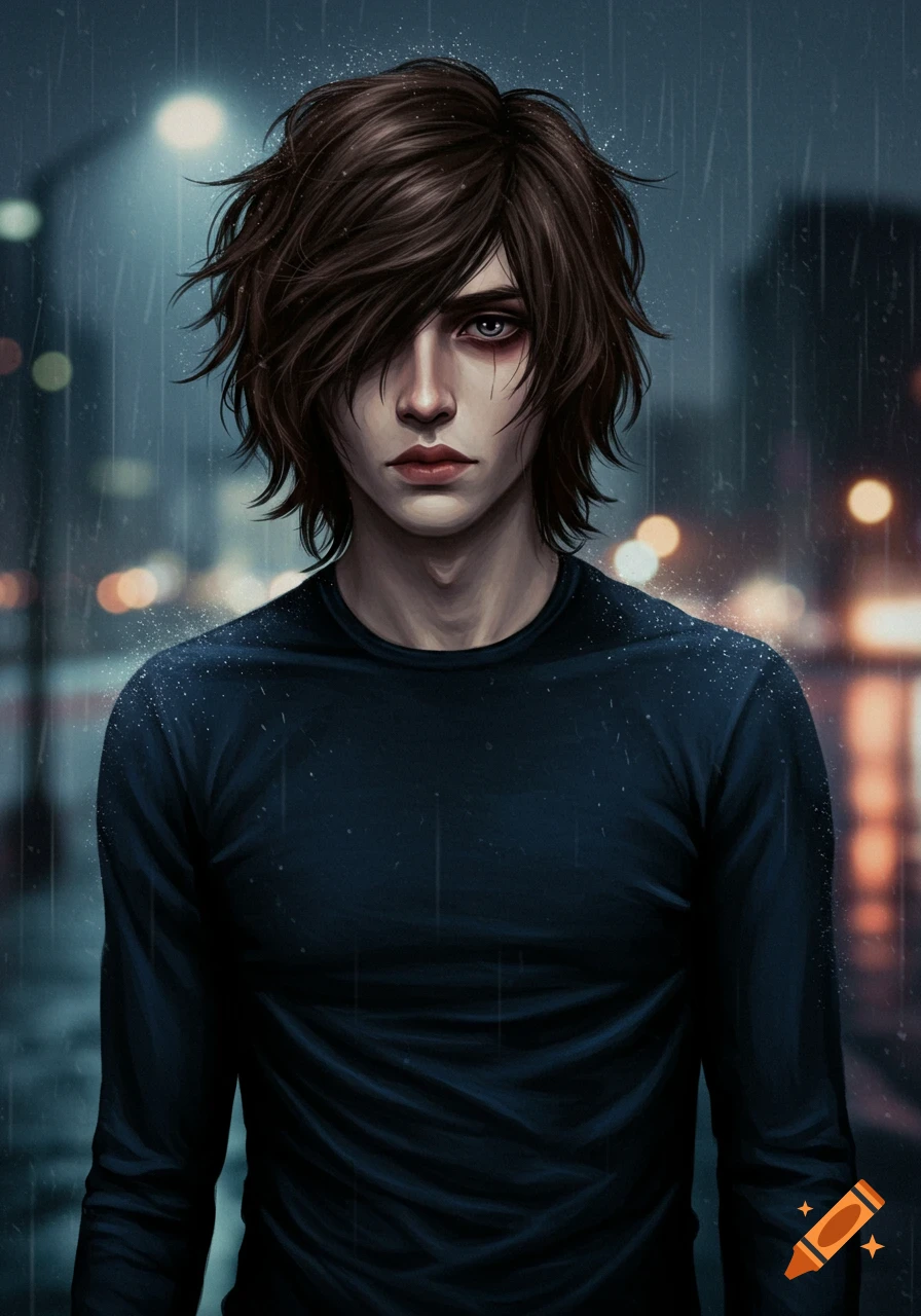 A digital painting of a pale, emo young man with messy brown hair, standing in the rain at night under blurry streetlights.