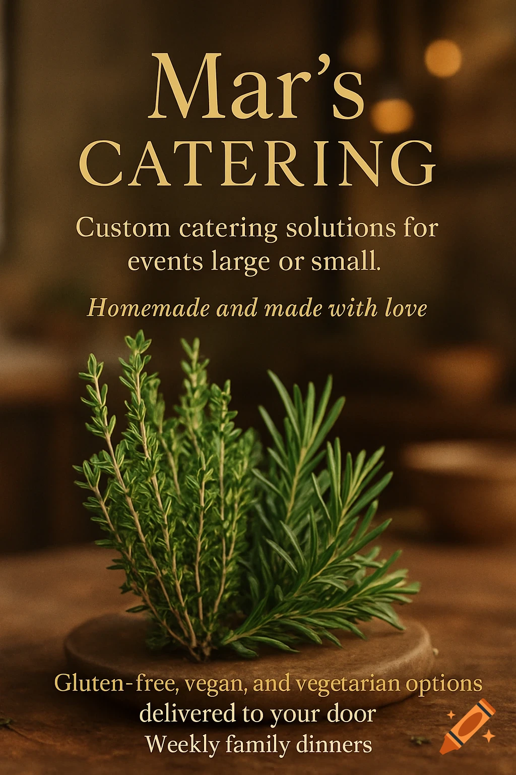 A catering advertisement poster featuring text for Mar's Catering and fresh sprigs of thyme and rosemary on a wooden surface.