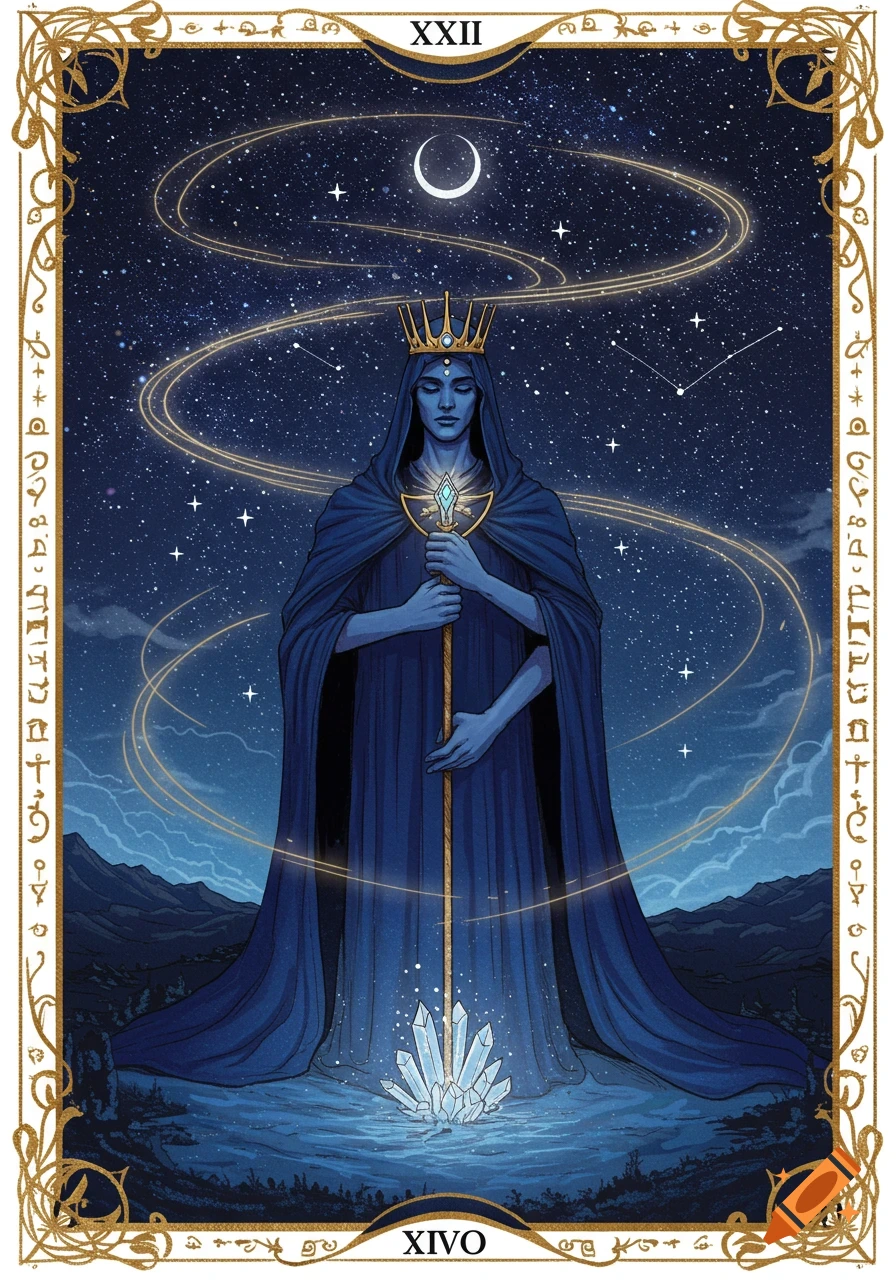 A mystical figure in a blue cloak and crown, holding a glowing staff, stands under a crescent moon and starry sky on a tarot card.