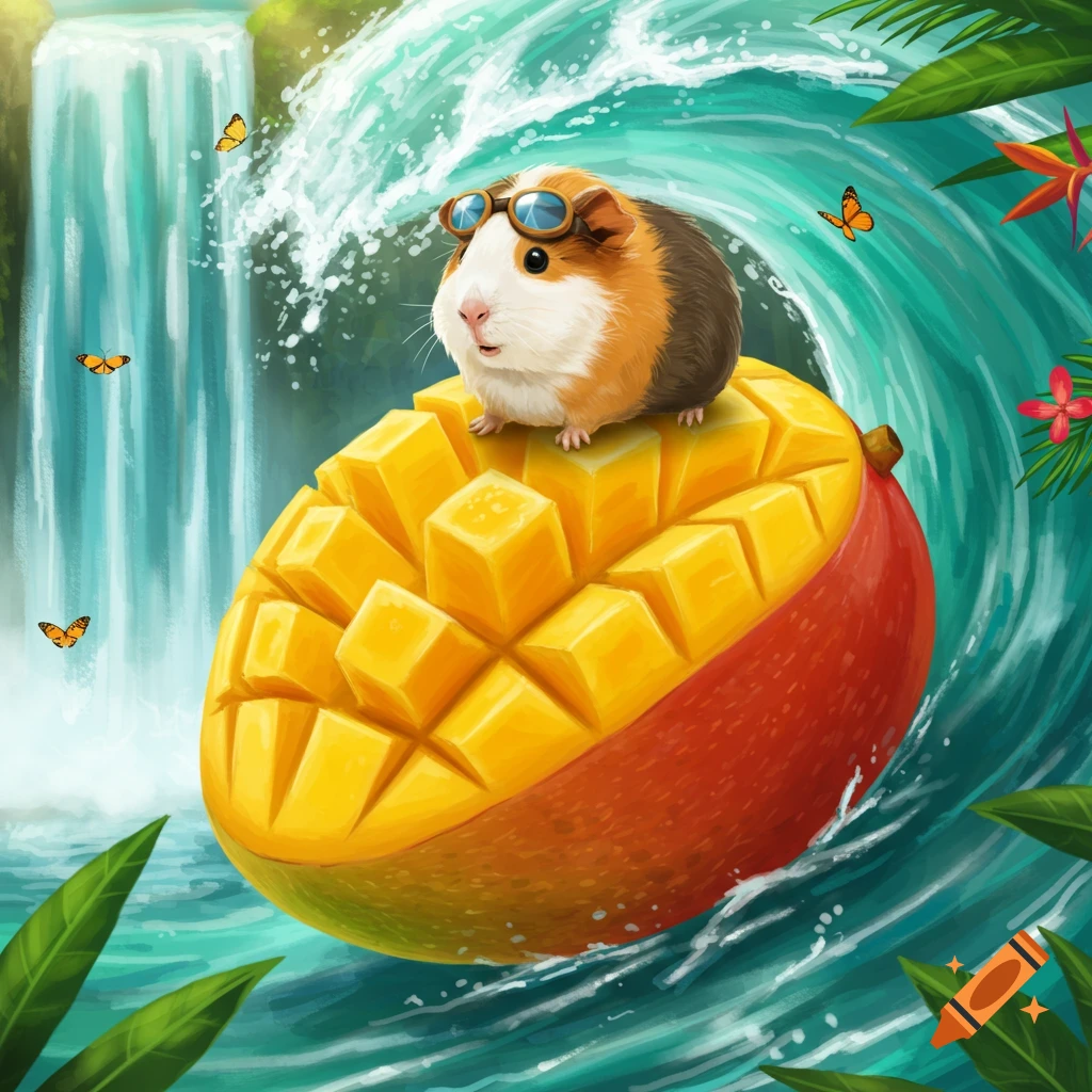 A cute guinea pig wearing goggles rides a large, sliced mango like a surfboard on a wave, with a waterfall and tropical leaves in the background.