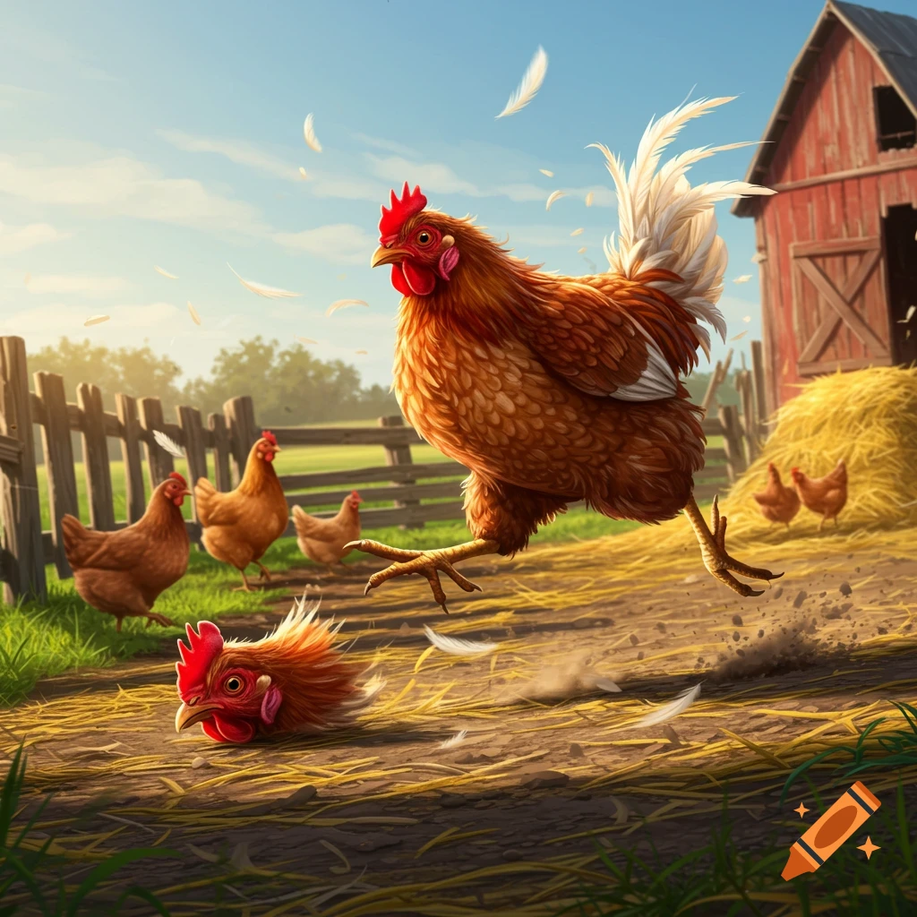 A headless brown chicken runs across a farmyard, scattering feathers and dirt. Other chickens graze near a wooden fence and a red barn.