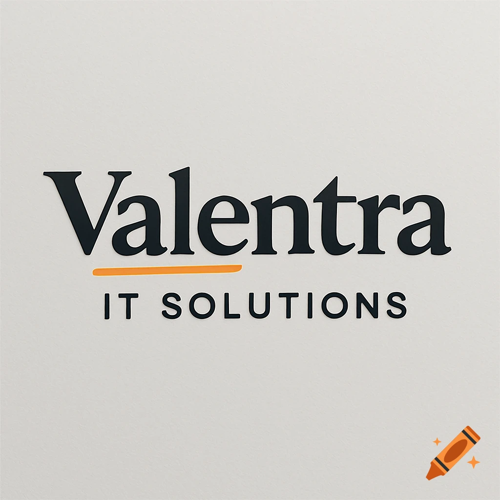A minimalist logo for Valentra IT Solutions, featuring the company name in black with an orange underline, on a light background.