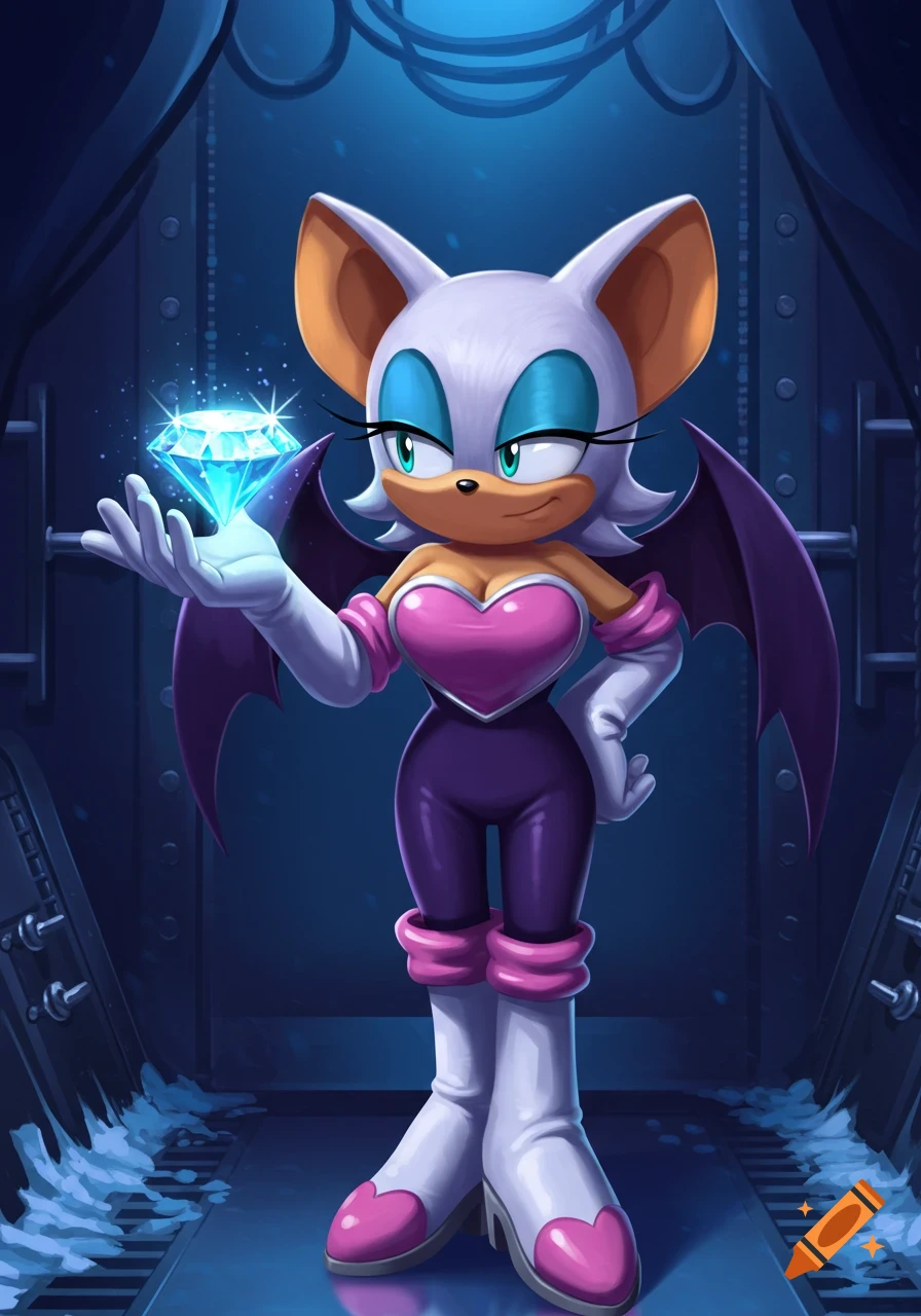 Rouge the Bat in a dark, metallic room, holding a glowing blue diamond.