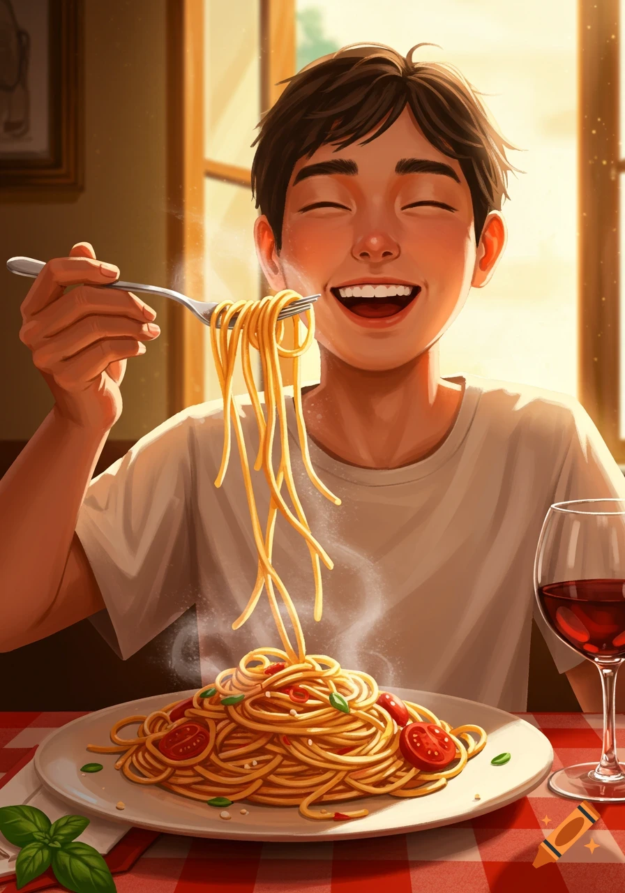 Illustrated image of a person happily eating spaghetti at a table with red wine, steam rising from the pasta.