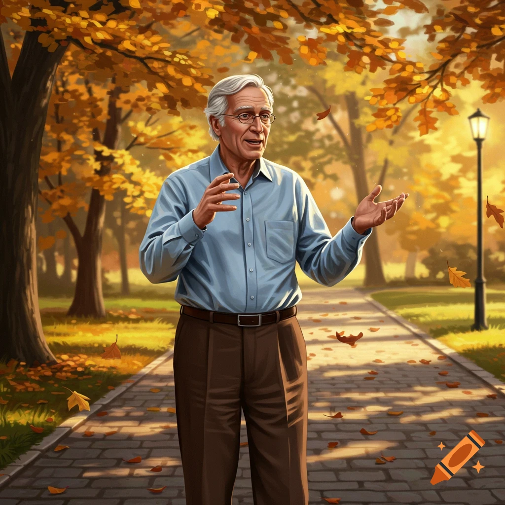 An elderly man with gray hair in a blue shirt and brown pants gestures while standing in a park filled with autumn leaves.
