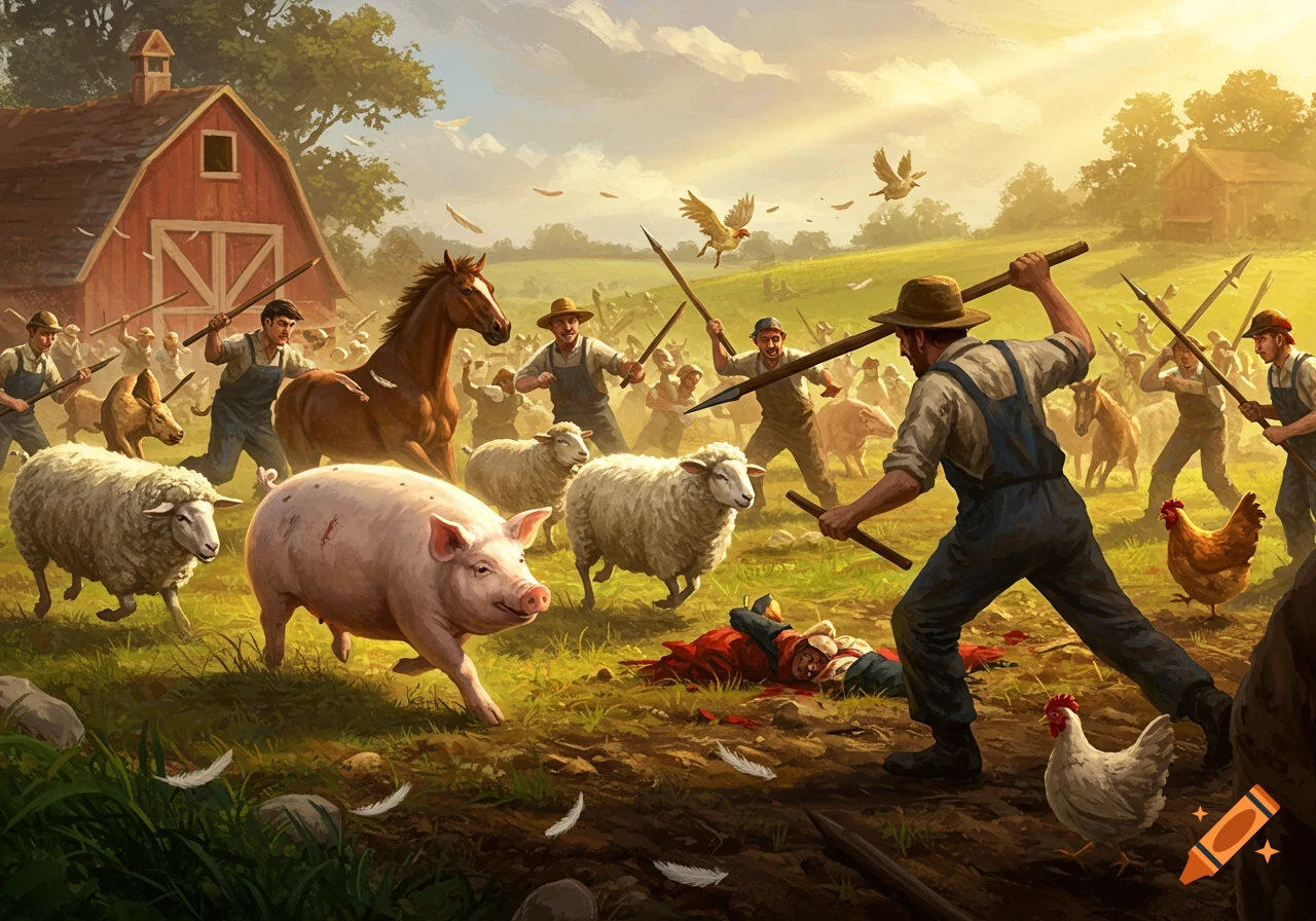 An illustrated battle scene between farmers and farm animals, including pigs, sheep, a horse, and chickens, on a sunny farm.